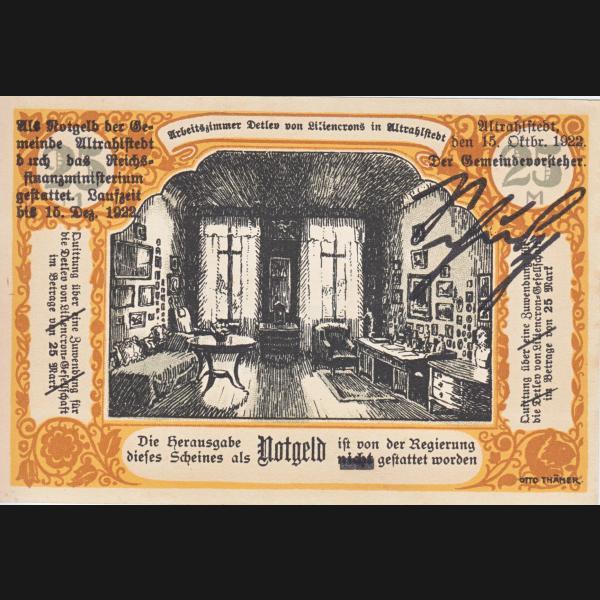 Altrahlstedt Detlev von Liliencron Gesellschaft Notgeld, Notgeldschein 1922, Wertvoll,25 Mark (2).jpg Quadratbild