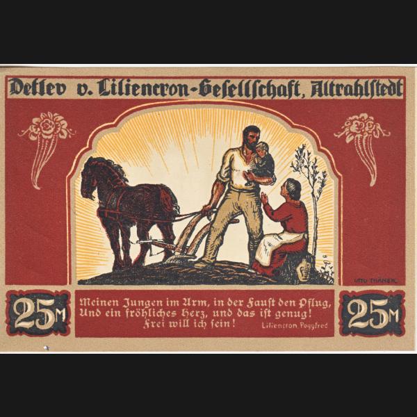 Altrahlstedt Detlev von Liliencron Gesellschaft Notgeld, Notgeldschein 1922, Wertvoll,25 Mark.jpg Quadratbild