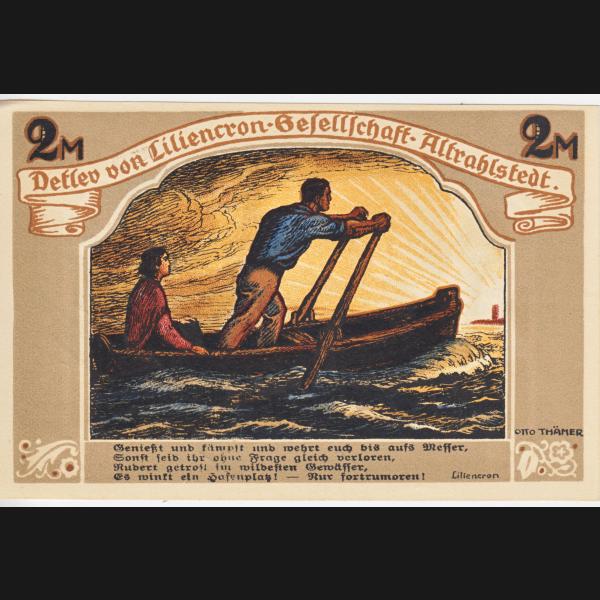 Altrahlstedt Detlev von Liliencron Gesellschaft Notgeld, Notgeldschein 1922, Wertvoll 2 Mark.jpg Quadratbild