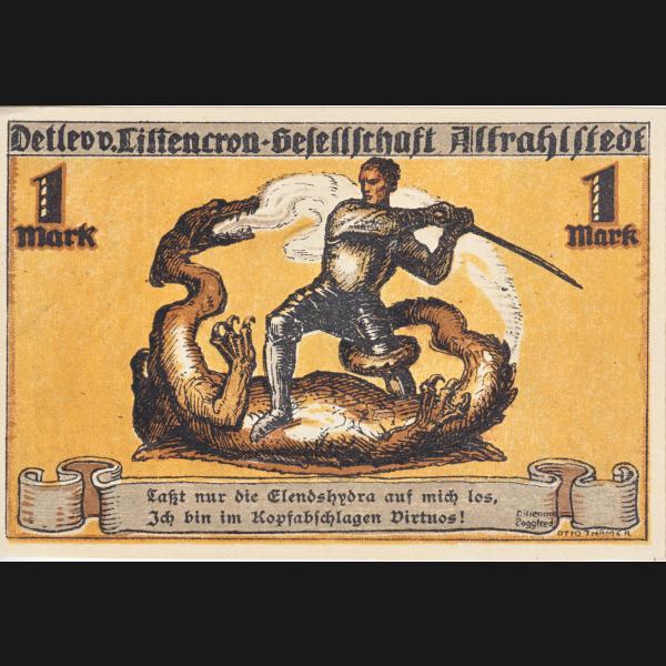 Altrahlstedt Detlev von Liliencron Gesellschaft Notgeld, Notgeldschein 1922, Wertvoll 1 Mark.jpg Quadratbild