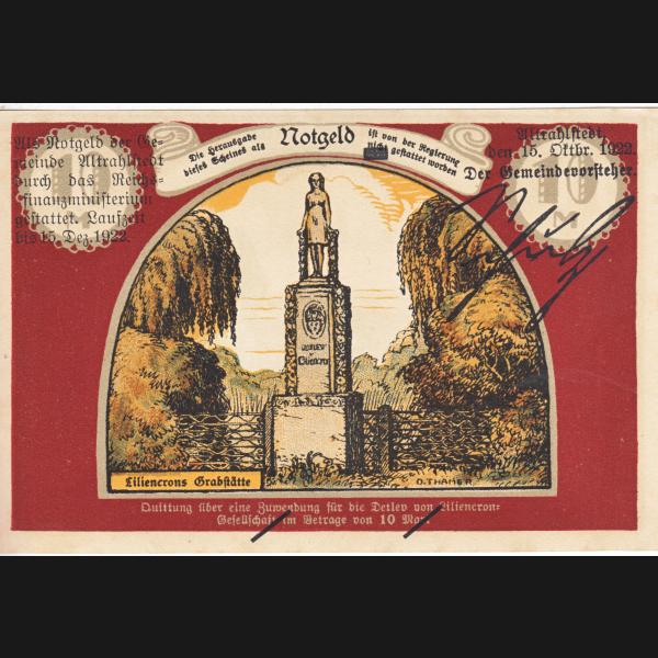 Altrahlstedt Detlev von Liliencron Gesellschaft Notgeld, Notgeldschein 1922, Wertvoll,10 Mark.jpg Quadratbild