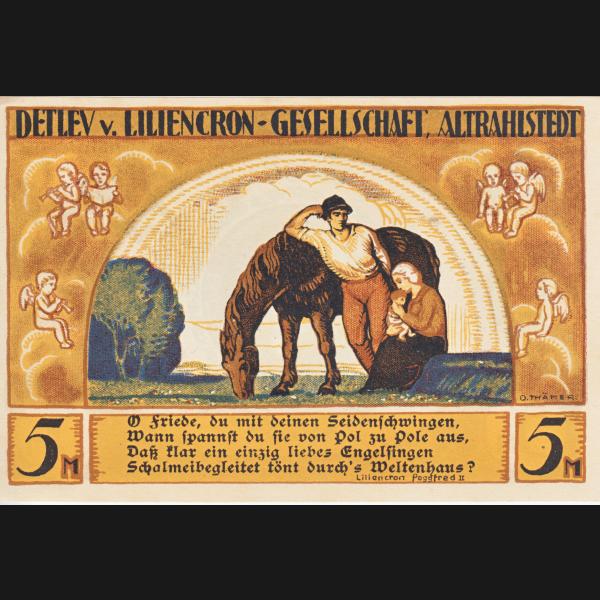 Altrahlstedt Detlev von Liliencron Gesellschaft Notgeld, Notgeldschein 1922, Wertvoll 5 Mark.jpg Quadratbild