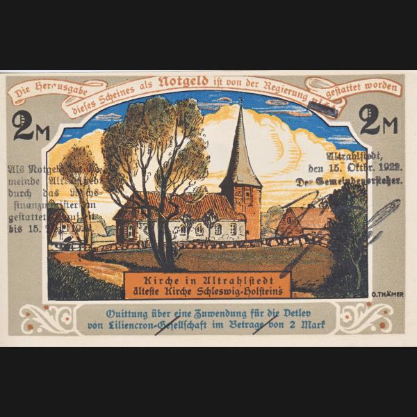 Altrahlstedt Detlev von Liliencron Gesellschaft Notgeld, Notgeldschein 1922, Wertvoll 2 Mark (2).jpg Quadratbild