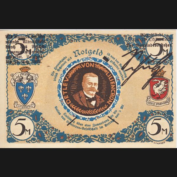 Altrahlstedt Detlev von Liliencron Gesellschaft Notgeld, Notgeldschein 1922, Wertvoll 5 Mark (2).jpg Quadratbild
