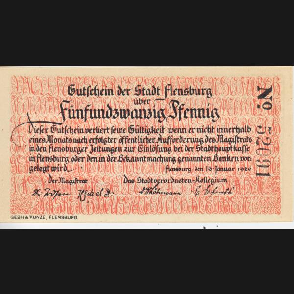Flensburg, Stadt Notgeld, Notgeldschein 1920, 0005 25 Pfennig Seriennummer Schwarz (2).jpg Quadratbild