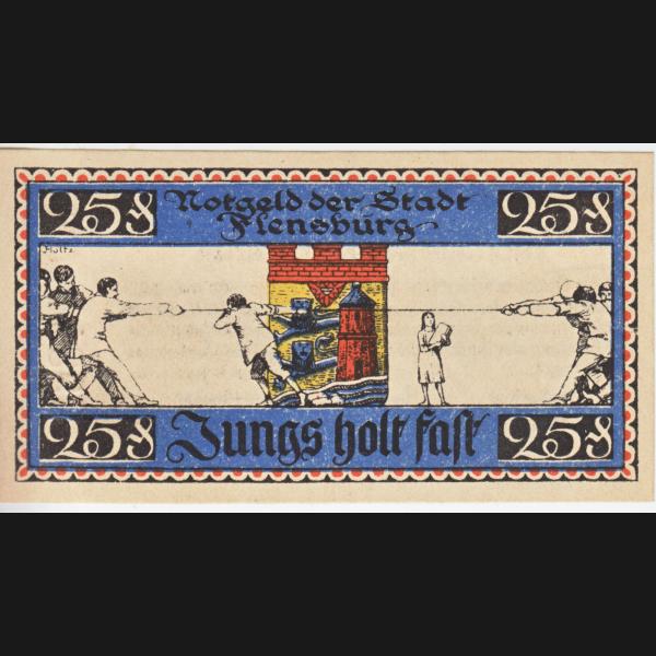 Flensburg, Stadt Notgeld, Notgeldschein 1920, 0004 25 Pf. Tauziehen Rote Seriennummer (1).jpg Quadratbild