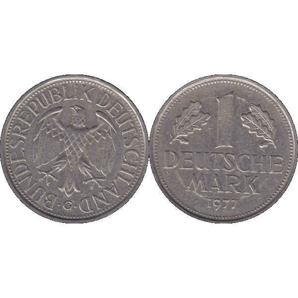 Eine 1 DM Deutsche Mark, 1977 Mzz. G für Karlsruhe (9).png Quadratbild