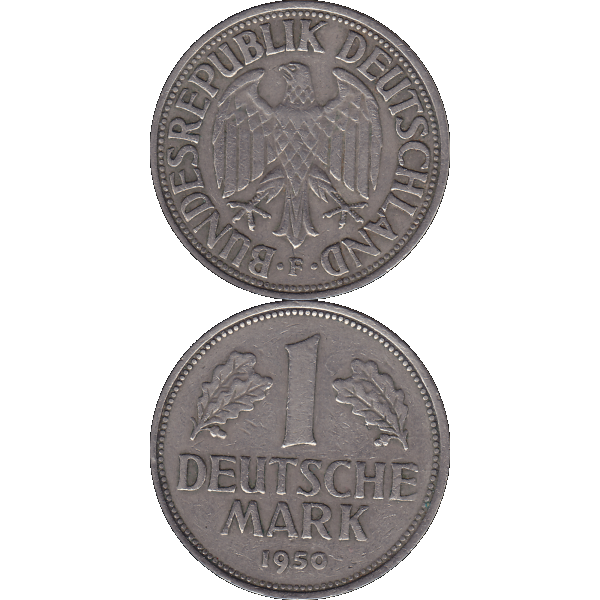 Eine 1 DM Deutsche Mark, 1950 Mzz. F für Stuttgart (10).png Quadratbild