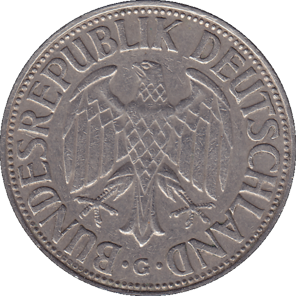 Eine 1 DM Deutsche Mark, 1958 Mzz. G für Karlsruhe (7).png Quadratbild