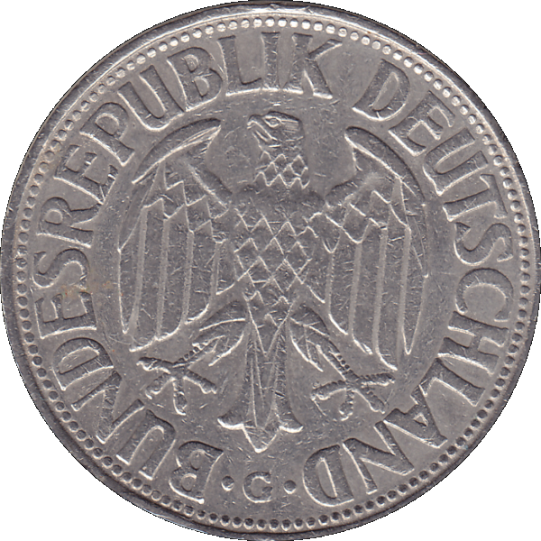 Eine 1 DM Deutsche Mark, 1954 Mzz. G für Karlsruhe (7).png Quadratbild