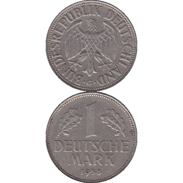 Eine 1 DM Deutsche Mark, 1958 Mzz. G für Karlsruhe (10).png Quadratbild