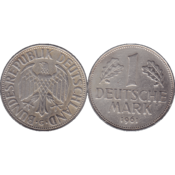 Eine 1 DM Deutsche Mark, 1961 Mzz. G für Karlsruhe (9).png Quadratbild