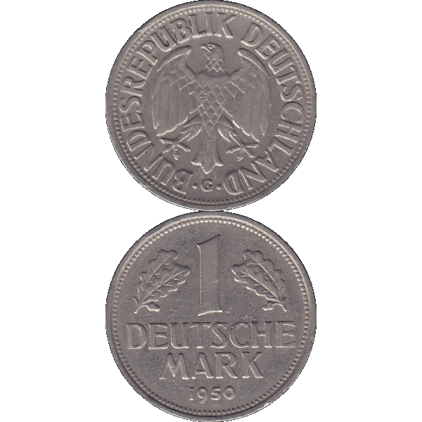 Eine 1 DM Deutsche Mark, 1950 Mzz. G für Karlsruhe (10).png Quadratbild
