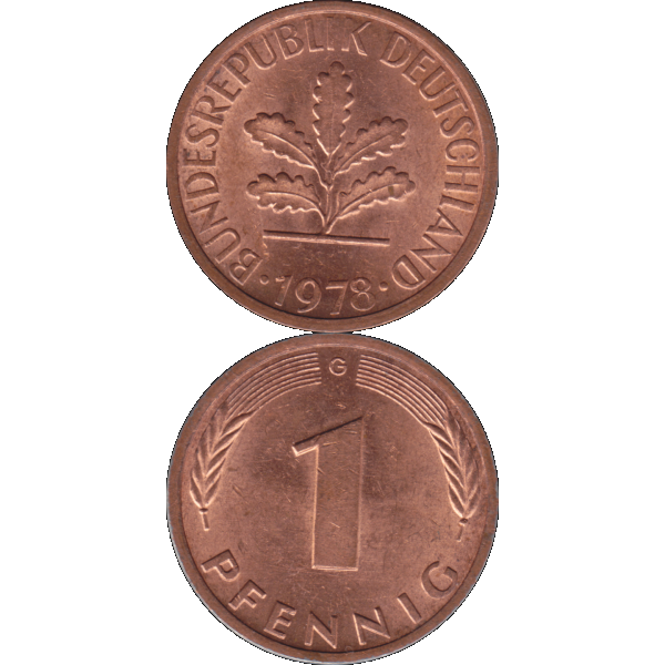 Ein - 1 Pfennig 1978, 1970er Jahre Mzz. G für Karlsruhe (10).png Quadratbild