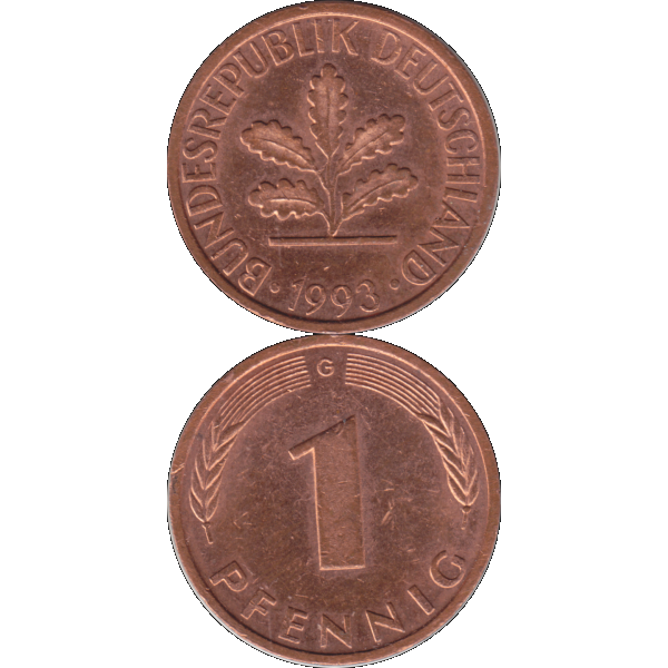 Ein - 1 Pfennig 1993, 1990er Jahre Mzz. G für Karlsruhe (10).png Quadratbild