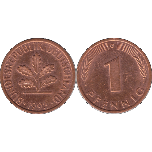 Ein - 1 Pfennig 1993, 1990er Jahre Mzz. G für Karlsruhe (9).png Quadratbild