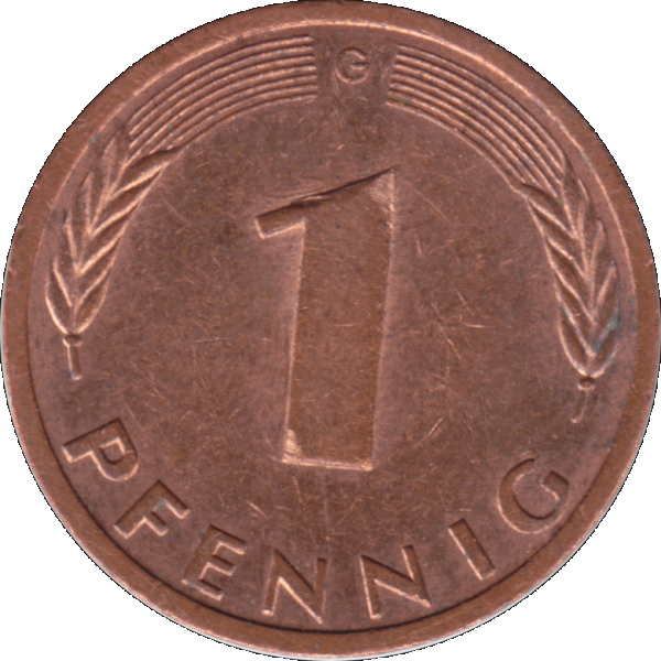 Ein - 1 Pfennig 1992, 1990er Jahre Mzz. G für Karlsruhe (8).png Quadratbild
