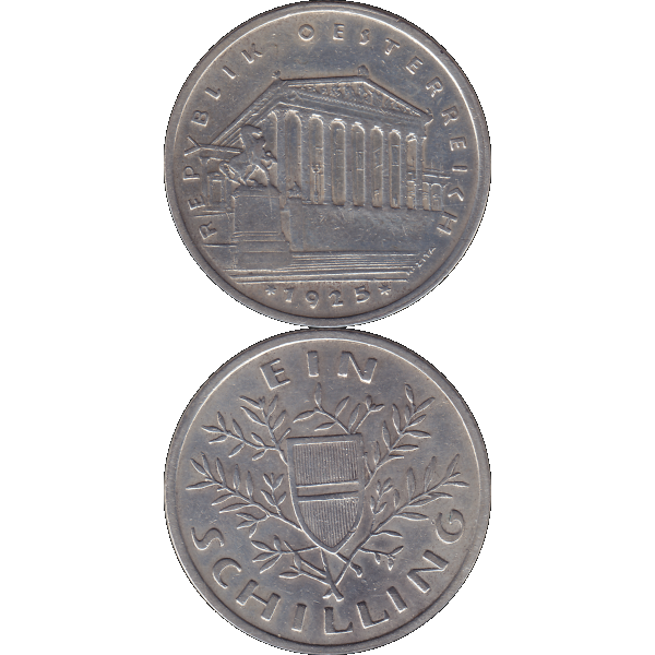 Münze aus Österreich 1 Schilling 1925 Silbermünze Parlementsgebäude in Wien, Bindenschild 6 Gramm 640er Silber (10).png Quadratbild