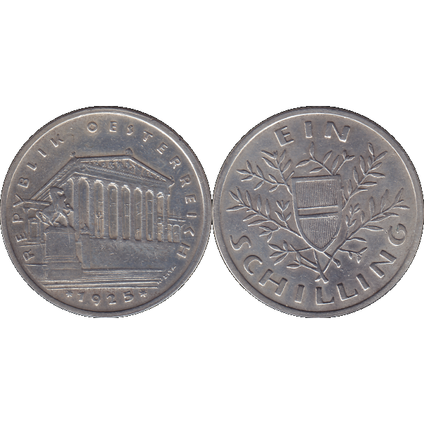 Münze aus Österreich 1 Schilling 1925 Silbermünze Parlementsgebäude in Wien, Bindenschild 6 Gramm 640er Silber (9).png Quadratbild