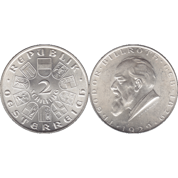 Münze aus Österreich 2 Schilling 1929, Silbermünze Theodor Billroth (9).png Quadratbild