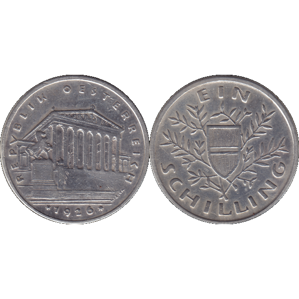Münze aus Österreich 1 Schilling 1926 Silbermünze Parlementsgebäude in Wien, Bindenschild 6 Gramm 640er Silber (9).png Quadratbild
