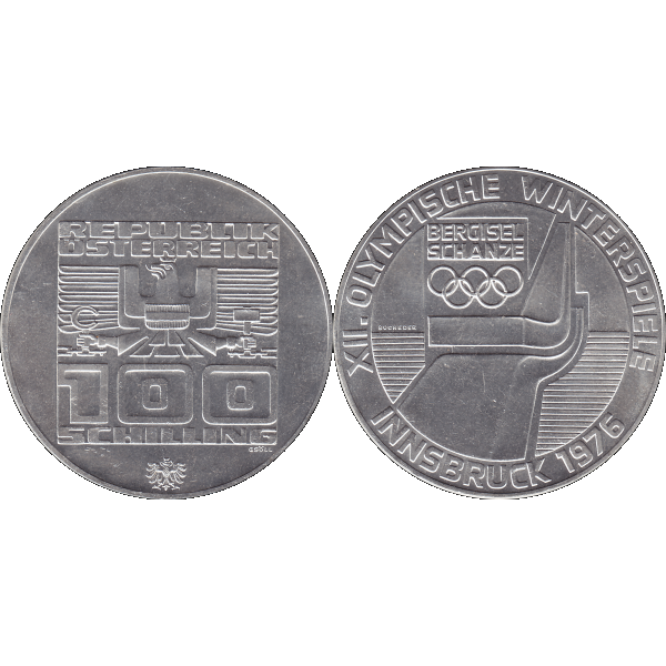 Münze aus Österreich 100 Hundert Schilling, Skisprungschanze am Berg Isel 1976, Olympische Winterspiele 1976 in Innsbruck (9).png Quadratbild