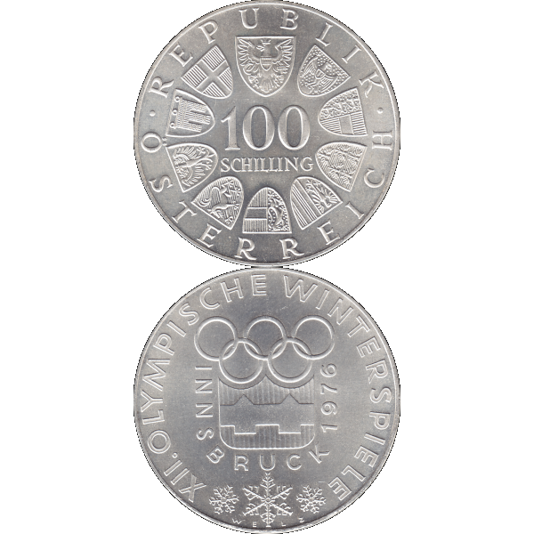 Münze aus Österreich 100 Hundert Schilling, Emblem der Spiele 1976, Olympische Winterspiele 1976 in Innsbruck (10).png Quadratbild