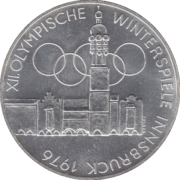 Münze aus Österreich 100 Hundert Schilling, Altes Rathaus und Stadtturm in Innsbruck 1976-02, Olympische Winterspiele 1976 in Innsbruck (8).png Quadratbild