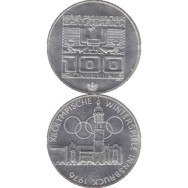Münze aus Österreich 100 Hundert Schilling, Altes Rathaus und Stadtturm in Innsbruck 1976-02, Olympische Winterspiele 1976 in Innsbruck (10).png Quadratbild