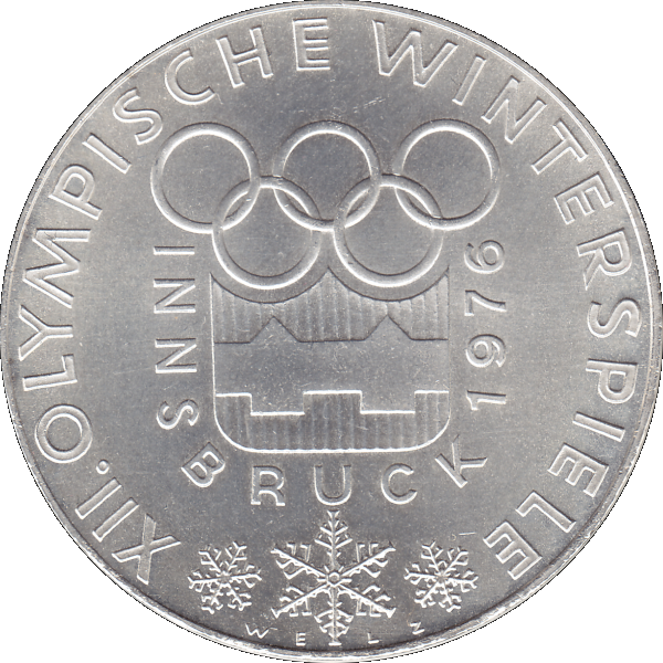 Münze aus Österreich 100 Hundert Schilling, Emblem der Spiele 1976, Olympische Winterspiele 1976 in Innsbruck (8).png Quadratbild