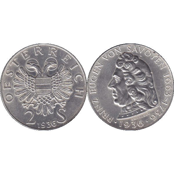 Münze aus Österreich 2 Schilling 1936 Silbermünze Prinz von Savoyen 1663-1736; 12 Gramm 640er Silber (9).png Quadratbild