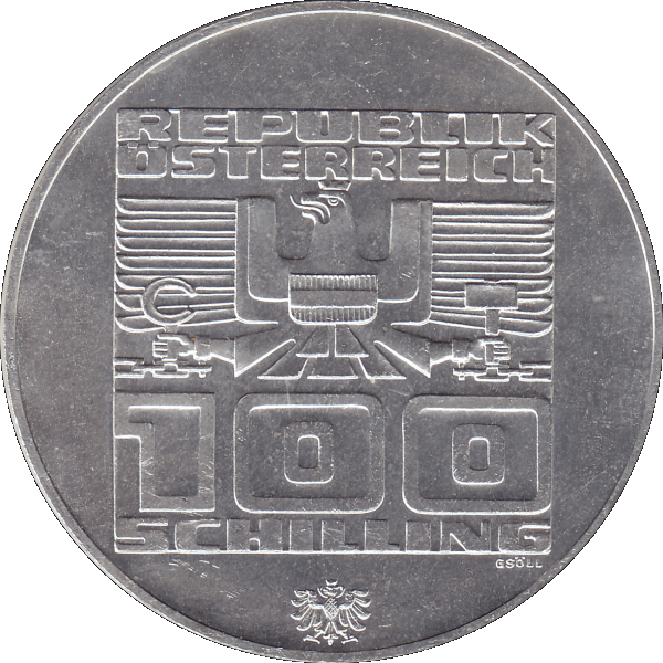 Münze aus Österreich 100 Hundert Schilling, Skisprungschanze am Berg Isel 1976, Olympische Winterspiele 1976 in Innsbruck (7).png Quadratbild