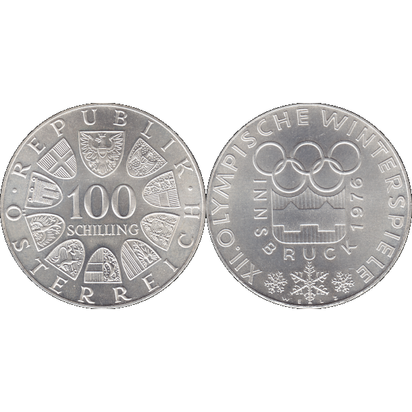 Münze aus Österreich 100 Hundert Schilling, Emblem der Spiele 1976, Olympische Winterspiele 1976 in Innsbruck (9).png Quadratbild