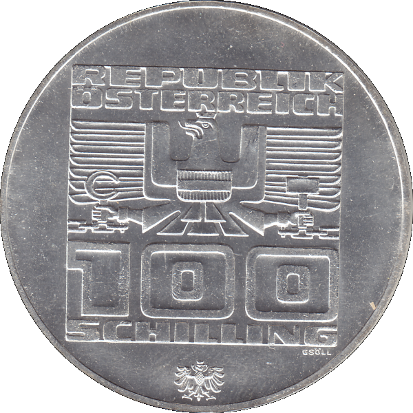Münze aus Österreich 100 Hundert Schilling, Altes Rathaus und Stadtturm in Innsbruck 1976-02, Olympische Winterspiele 1976 in Innsbruck (7).png Quadratbild
