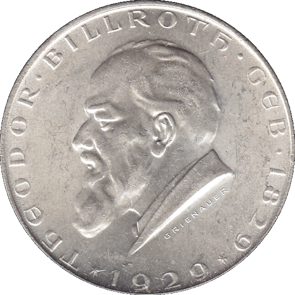 Münze aus Österreich 2 Schilling 1929, Silbermünze Theodor Billroth (8).png Quadratbild