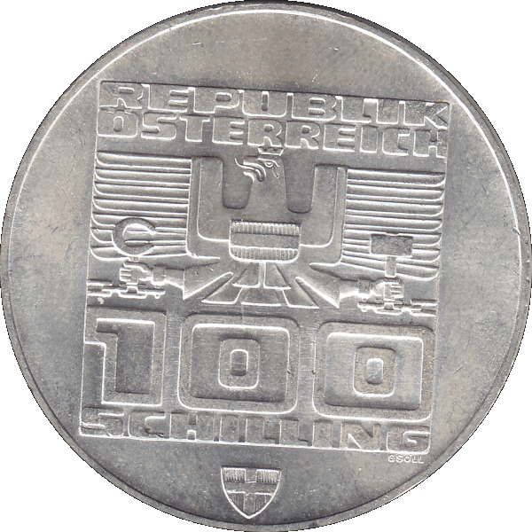 Münze aus Österreich 100 Hundert Schilling, Altes Rathaus und Stadtturm in Innsbruck 1976, Olympische Winterspiele 1976 in Innsbruck (7).png Quadratbild