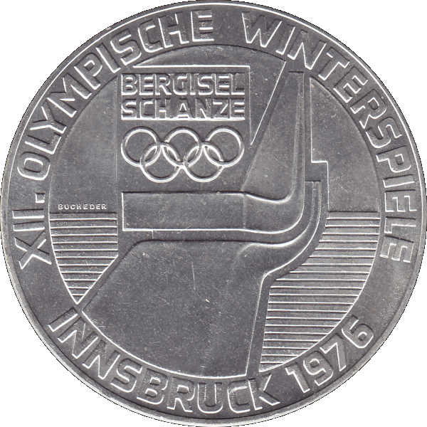 Münze aus Österreich 100 Hundert Schilling, Skisprungschanze am Berg Isel 1976, Olympische Winterspiele 1976 in Innsbruck (8).png Quadratbild