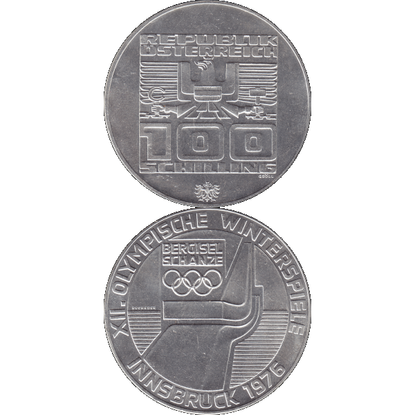 Münze aus Österreich 100 Hundert Schilling, Skisprungschanze am Berg Isel 1976, Olympische Winterspiele 1976 in Innsbruck (10).png Quadratbild