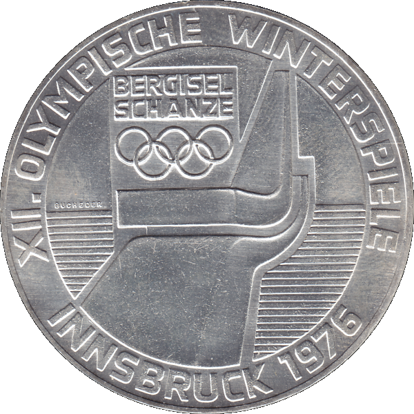 Münze aus Österreich 100 Hundert Schilling, Skisprungschanze am Berg Isel 1976-02, Olympische Winterspiele 1976 in Innsbruck (8).png Quadratbild