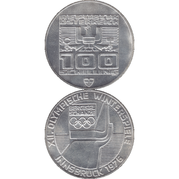 Münze aus Österreich 100 Hundert Schilling, Skisprungschanze am Berg Isel 1976-02, Olympische Winterspiele 1976 in Innsbruck (10).png Quadratbild
