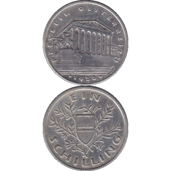 Münze aus Österreich 1 Schilling 1926 Silbermünze Parlementsgebäude in Wien, Bindenschild 6 Gramm 640er Silber (10).png Quadratbild