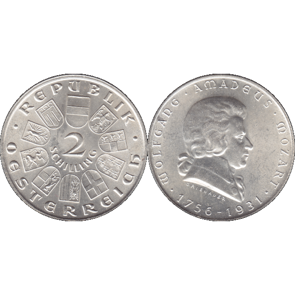 Münze aus Österreich 2 Schilling 1931, Silbermünze Wolfgang Amadeus Mozart (9).png Quadratbild