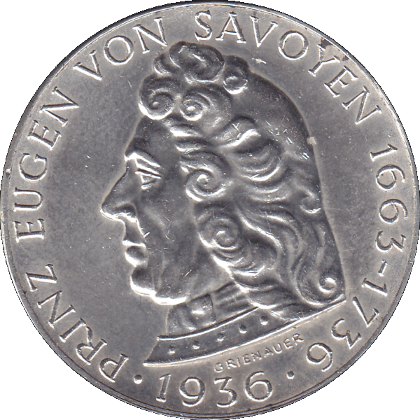 Münze aus Österreich 2 Schilling 1936 Silbermünze Prinz von Savoyen 1663-1736; 12 Gramm 640er Silber (8).png Quadratbild