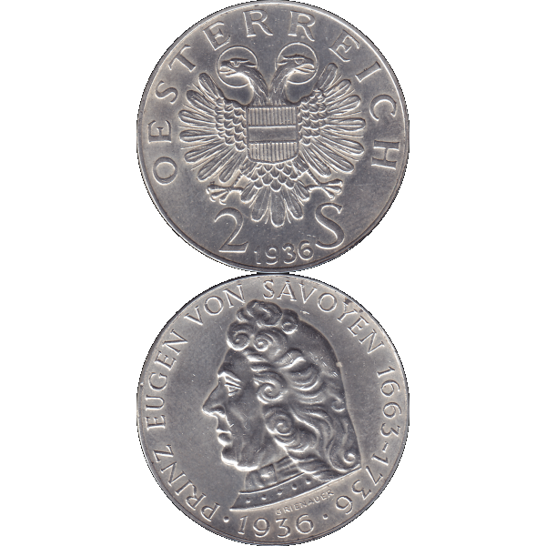 Münze aus Österreich 2 Schilling 1936 Silbermünze Prinz von Savoyen 1663-1736; 12 Gramm 640er Silber (10).png Quadratbild