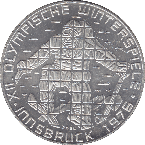 Münze aus Österreich 100 Hundert Schilling, Abfahrtsläufer auf Fernsenbildwand 1976, Olympische Winterspiele 1976 in Innsbruck (8).png Quadratbild