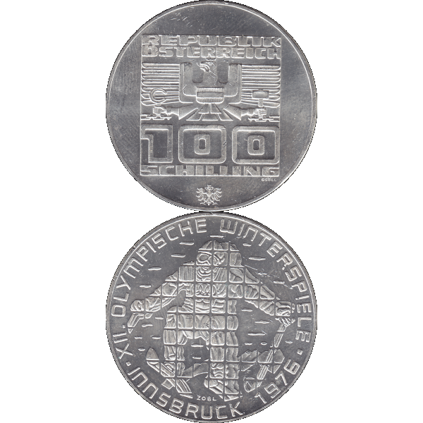 Münze aus Österreich 100 Hundert Schilling, Abfahrtsläufer auf Fernseher-Bildwand 1976, Olympische Winterspiele 1976 in Innsbruck (10).png Quadratbild