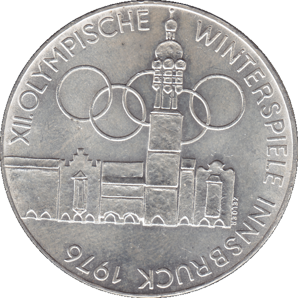 Münze aus Österreich 100 Hundert Schilling, Altes Rathaus und Stadtturm in Innsbruck 1976, Olympische Winterspiele 1976 in Innsbruck (8).png Quadratbild