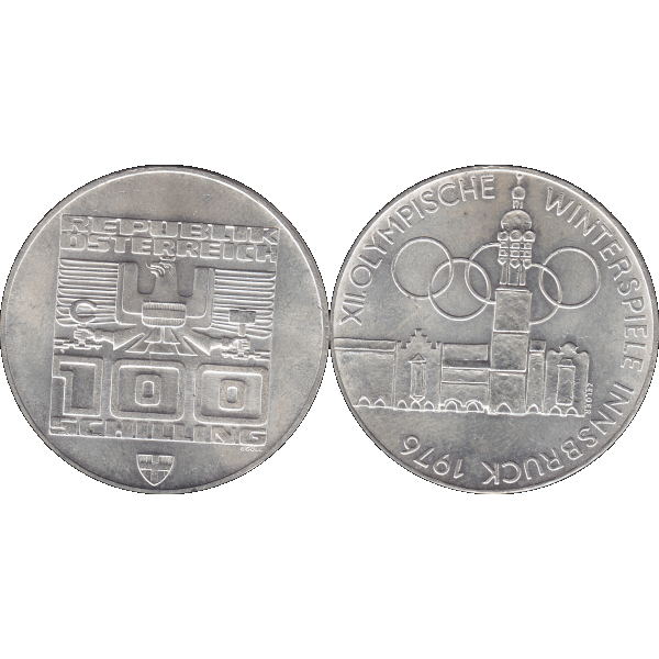 Münze aus Österreich 100 Hundert Schilling, Altes Rathaus und Stadtturm in Innsbruck 1976, Olympische Winterspiele 1976 in Innsbruck (9).png Quadratbild