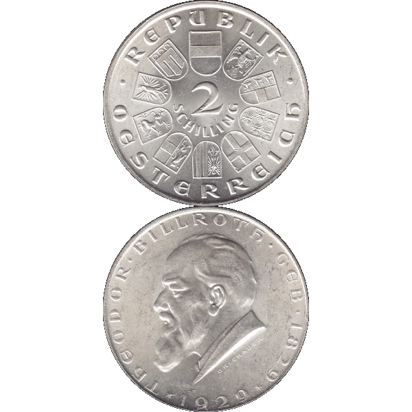 Münze aus Österreich 2 Schilling 1929, Silbermünze Theodor Billroth (10).png Quadratbild