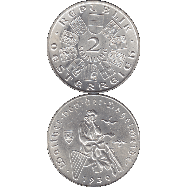 Münze aus Österreich 2 Schilling 1930, Silbermünze Walter von der Vogelweide 1170-1230, Minnesänger (10).png Quadratbild